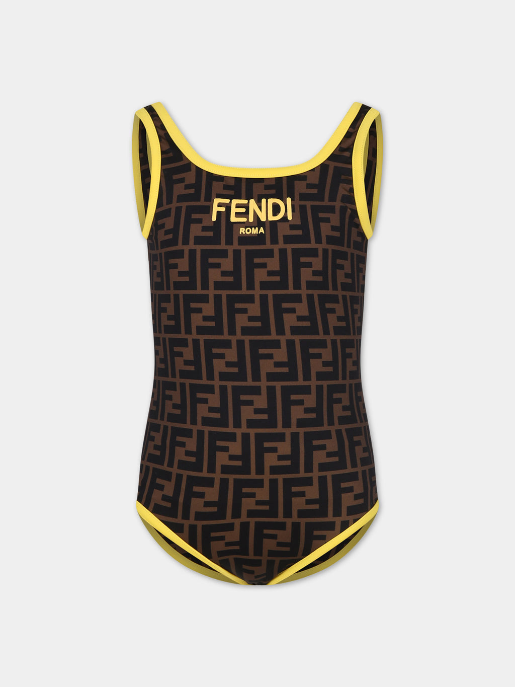 Costume intero reversibile marrone per bambina con iconiche FF e logo Fendi